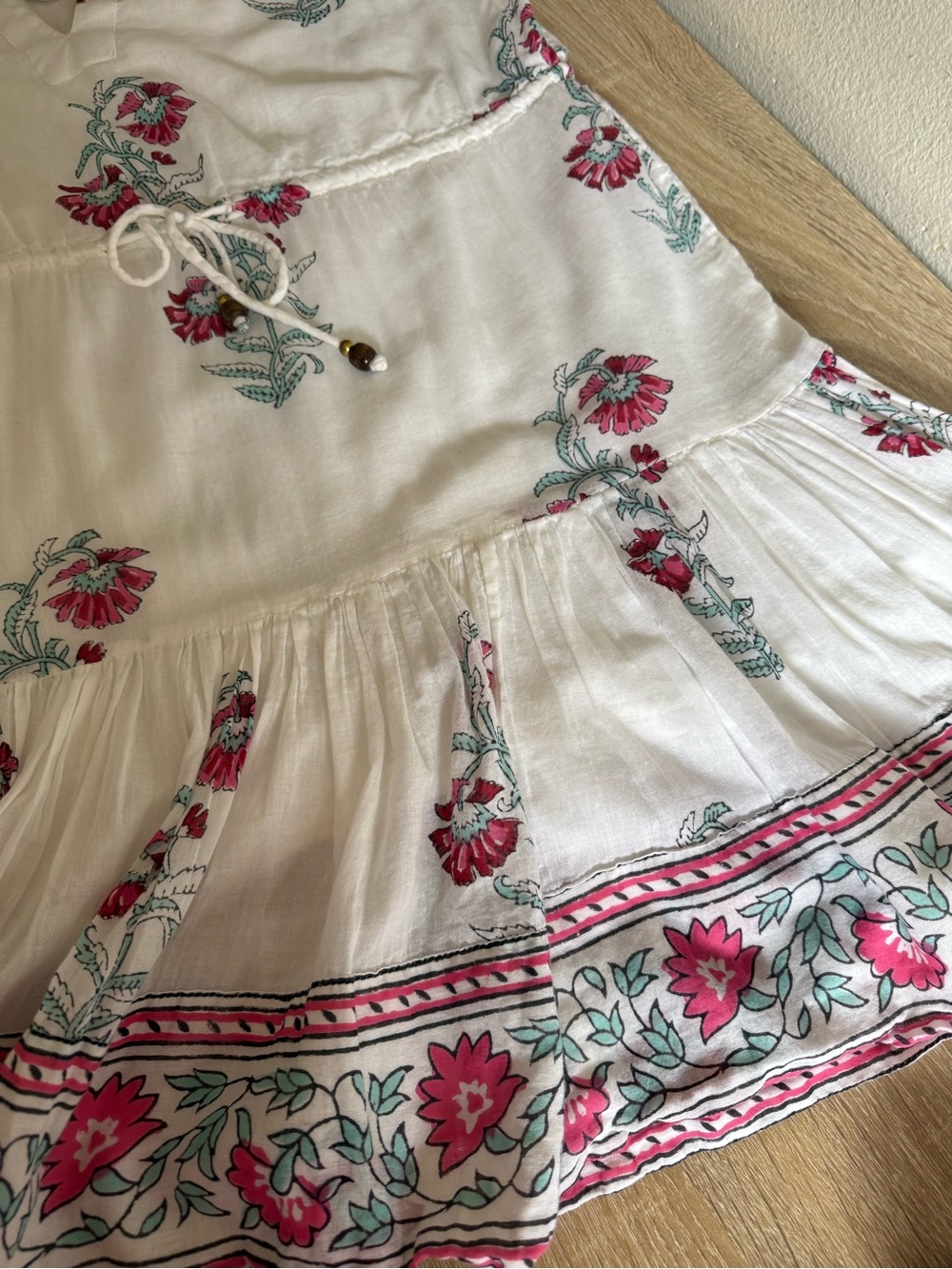 Oliphant Cinched Flirty mini dress cotton voile white pink floral Sz L - Picture 10 of 12